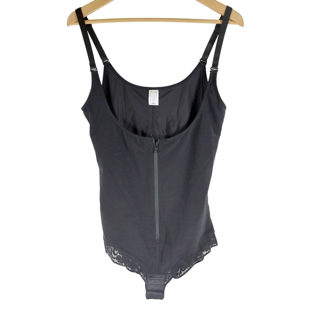 Black Full Body Shapewear Bodysuit Front Zip Lace Trim 3XL Firm Control Shaper